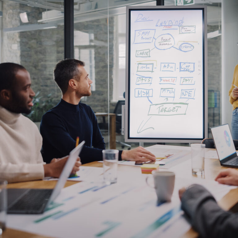 project manager makes a presentation for a young diverse creativ